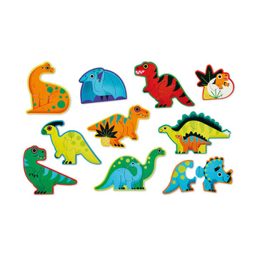 A short round container titled 'Let's Begin' with images of ten dinosaur shaped puzzles inside.