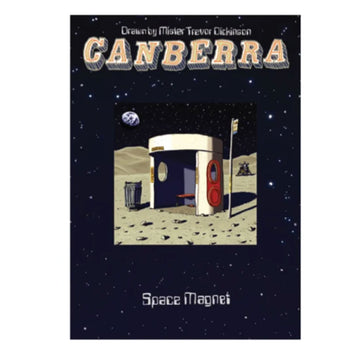 A rectangle magnet with an illustration of a bus shelter on the moon by Trevor Dickinson.