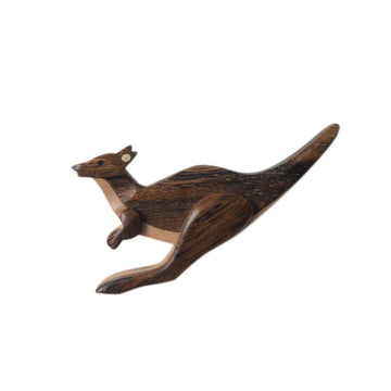 a timber keyring shaped like a  kangaroo jumping.