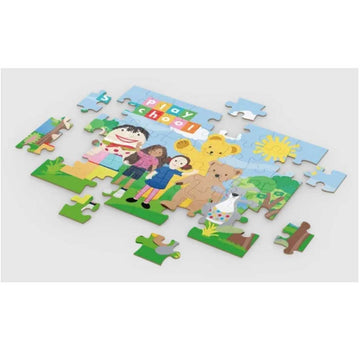 An almost completed puzzle featuring an illustration of the characters from Play School.