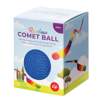 A blue ball inside a box with a circle cut out on the front. There are images of the ball with a long rainbow tall on the box and the title 'Rainbow Comet Ball'.