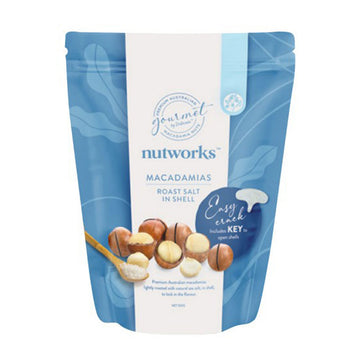 Blue and white packaging of Nutworks macadamias on a white background