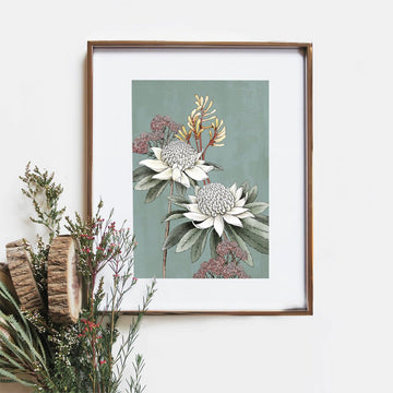 An illustration of two warratah flowers inside a gold frame with a small bouquet in front.