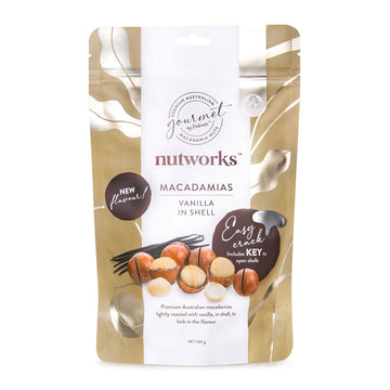 Packaging of Nutworks macadamias with a white label on a gold background.