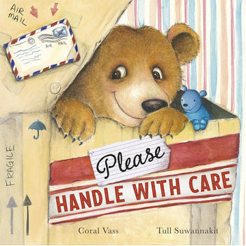 'Please Handle With Care' book cover featuring an illustration of a bear poking its head out of a box.
