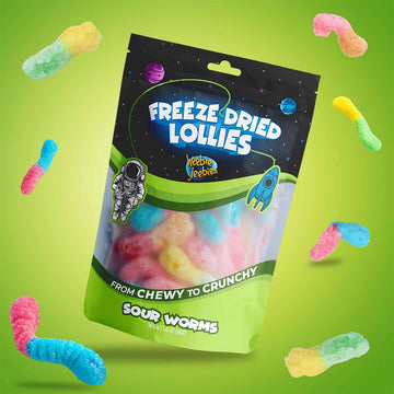 A packet of lollies with the heading 'Freeze Dried Lollies'with sour worm lollies around the packet.