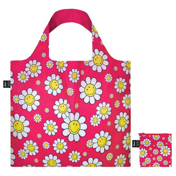 A pink reusable shopping bag illustrated with smiling daisy flowers next to a matching pouch.