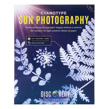 A box titled 'Cyanotype Sun Photography' with images of leaf silhouettes in white on a blue background.