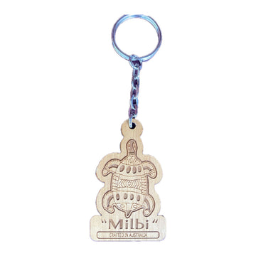 A wooden keyring with a drawing of a turtle and the heading 'Milbi'.