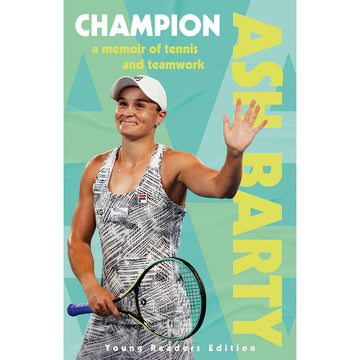 'Ash Barty Champion' book cover featuring a photo of Ash Barty holding a tennis racquet and waving.