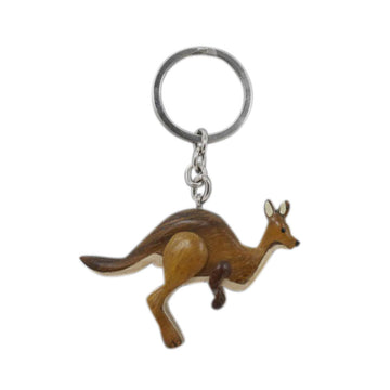 A timber keyring shaped like a kangaroo jumping.