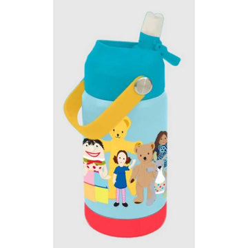 A kids drink bottle illustrated with Play School characters.