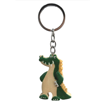 A timber keyring shaped and painted like a crocodile standing.