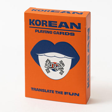 Orange box of Korean playing cards with blue lips design and 'Translate the Fun' text.