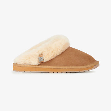 Light brown slipper with sheepskin lining on a white background.