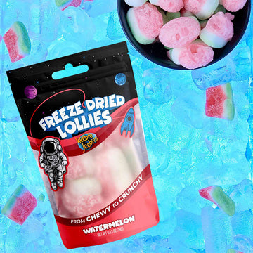 A packet of lollies titled 'Freeze Dried Lollies' next to a bowl of watermelon lollies.