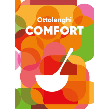 'Ottolenghi Comfort' book cover featuring a colourful abstract background with a white silhouette of a spoon in a bowl.