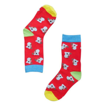 A pair of kids socks in red illustrated with koalas.
