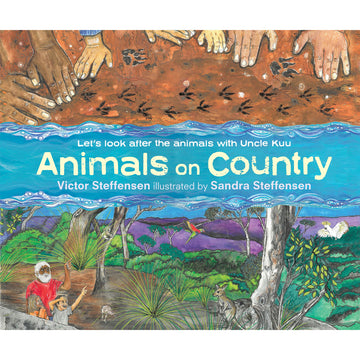 Book cover of 'Animals on Country' with illustrations of hands, landscape, and people.
