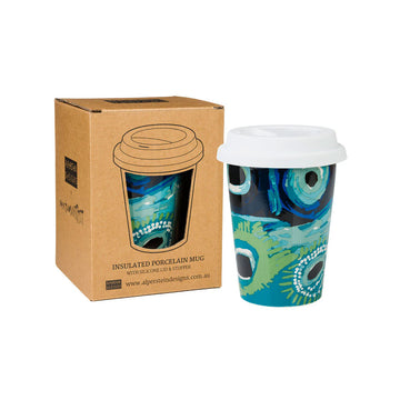 Insulated porcelain mug with a white lid and blue green design, next to its brown packaging box.