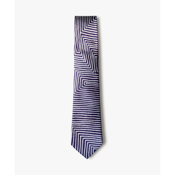 A men's tie printed with a line design in dark blue and white.