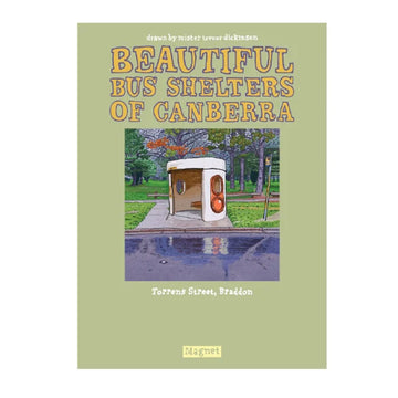 A magnet illustrated with a bus shelter by Trevor Dickinson.