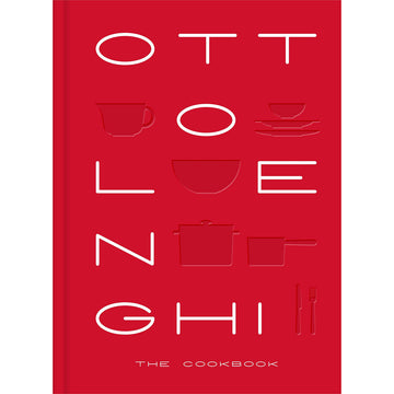 'Ottolenghi The Cookbook' book cover featuring a red back ground with the book title and cooking utensils across the cover.