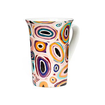 Colorful patterned mug on a white background.