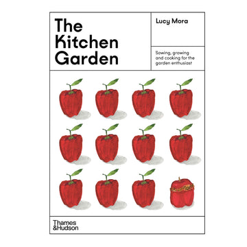 'The Kitchen Garden' book cover featuring an illustration of twelve red capsicums in a four by three grid.
