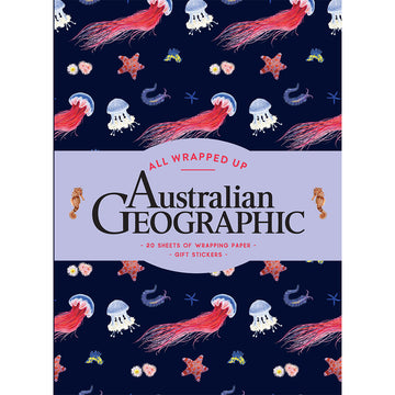 A book cover titled 'All Wrapped Up Australian Geographic' with a pattern of jellyfish and starfish on a dark blue background.