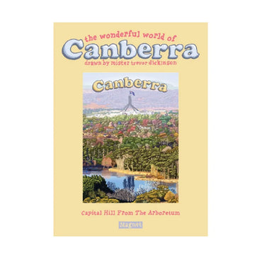 A magnet with an illustration of Parliament House in the background behind tress by Trevor Dickinson.