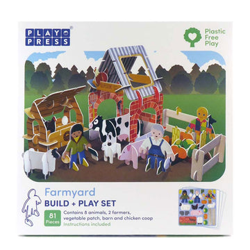 A box titled 'Farmyard Build and Play Set' with a picture of the farmyard playset made from card.