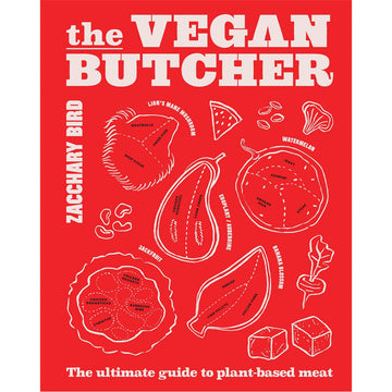 'The Vegan Butcher' book cover featuring a red background with white line drawings of vegetables.