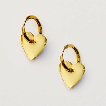 Gold heart-shaped hoop earrings on a light gray background.