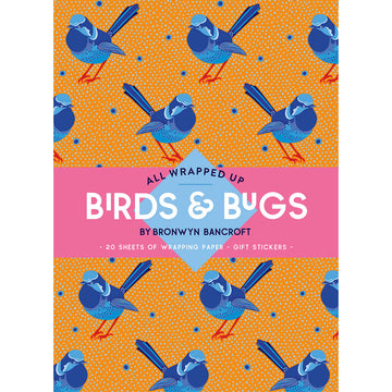 A book cover titled 'All Wrapped Up Birds and Bugs' with a repeating pattern of blue birds on an orange background.