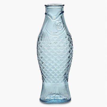 A light blue glass carafe shaped like a fish.