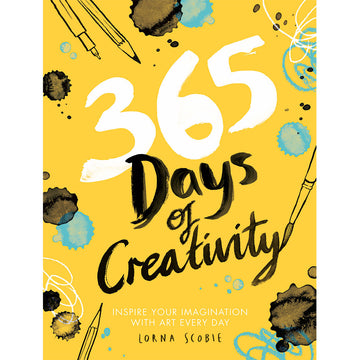 '365 Days of Creativity' book cover featuring a yellow background with the title written with a black paintbrush and ink splotches around the border.