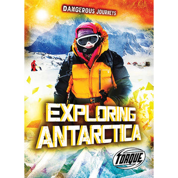 Book cover of 'Exploring Antarctica' from featuring a photo of a person wearing snow gear with snow mountains in the background.