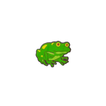 An enamel bag in the shape of a frog.