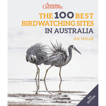 'The 100 Best Birdwatching Sites in Australia' book cover featuring a photo of two birds standing in the water on the beach.