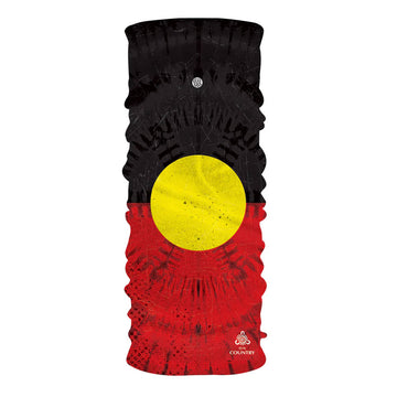 A tube of fabric printed with the Aboriginal flag.