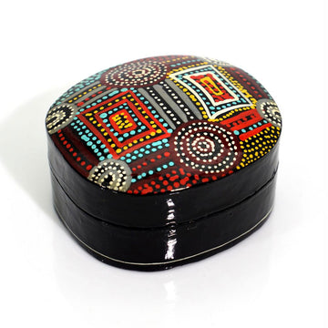 Decorative box with colorful patterns on a white background.