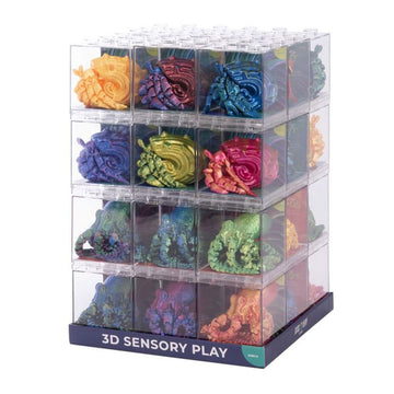 A display of 3D printed sea creatures in different colours in clear cube boxes.