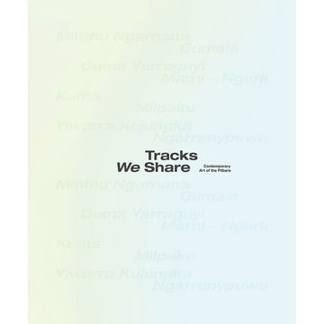 'Tracks We Share' book cover featuring a light green and blue gradient background with the title written in black text.