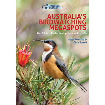 'Australia's Birdwatching Megaspots' book cover featuring a close up photo of a bird standing in a plant.