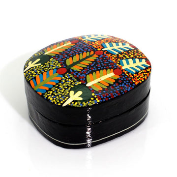 Decorative box with colorful leaf pattern on a white background.