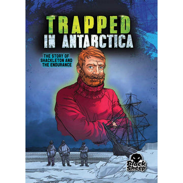 Book cover of 'Trapped in Antarctica' with an illustration of a man in a red coat and ship in the background.