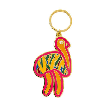 An enamel keyring shaped like an emu in pink and orange.