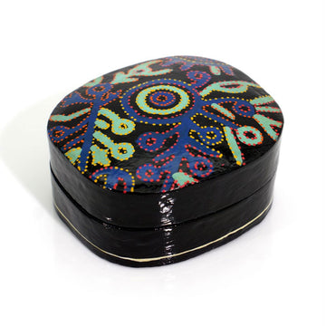 Decorative black box with colorful circular pattern on a white background.