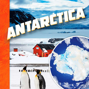 Book cover of 'Antarctica' with images of penguins, a red building, and ice formations.